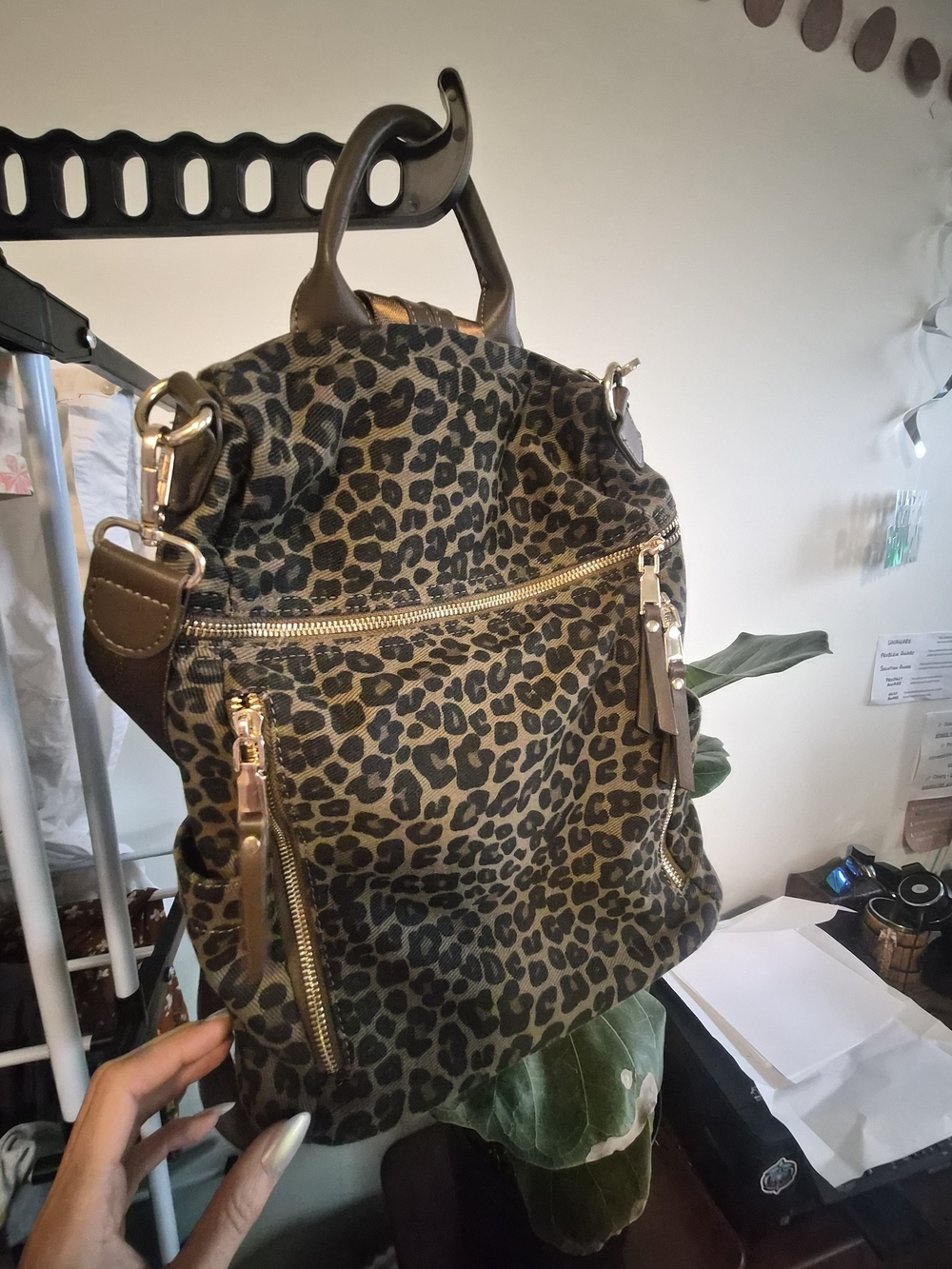 Leopard Print Women's Backpack Tote with Gold Hardware
